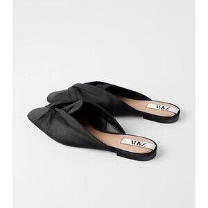Black Zara Square Toe Fabric Knot Flats Mules Slip-Ons (NWT)